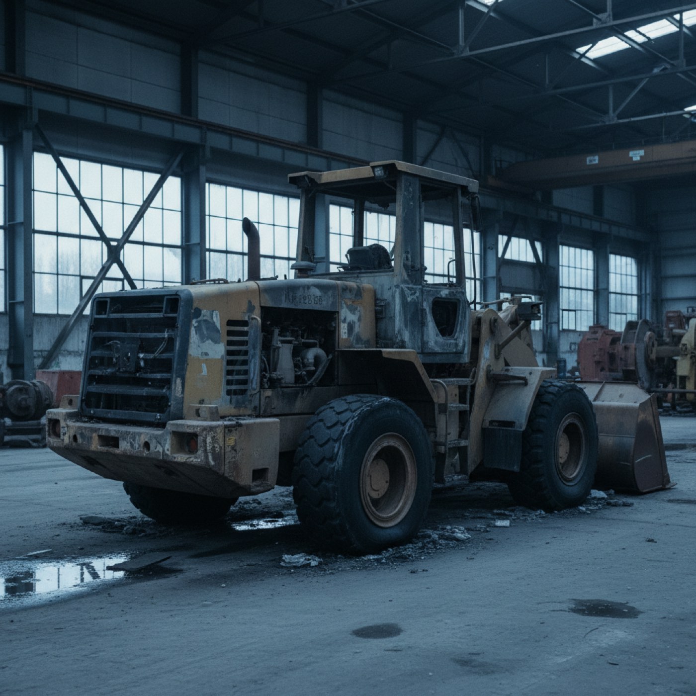 Radlader mit Brandschaden am Motorraum in einer Industriehalle