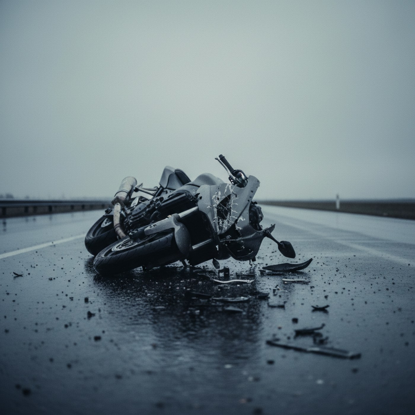 Gestürztes Motorrad auf nasser Fahrbahn, Bruchstücke rundherum